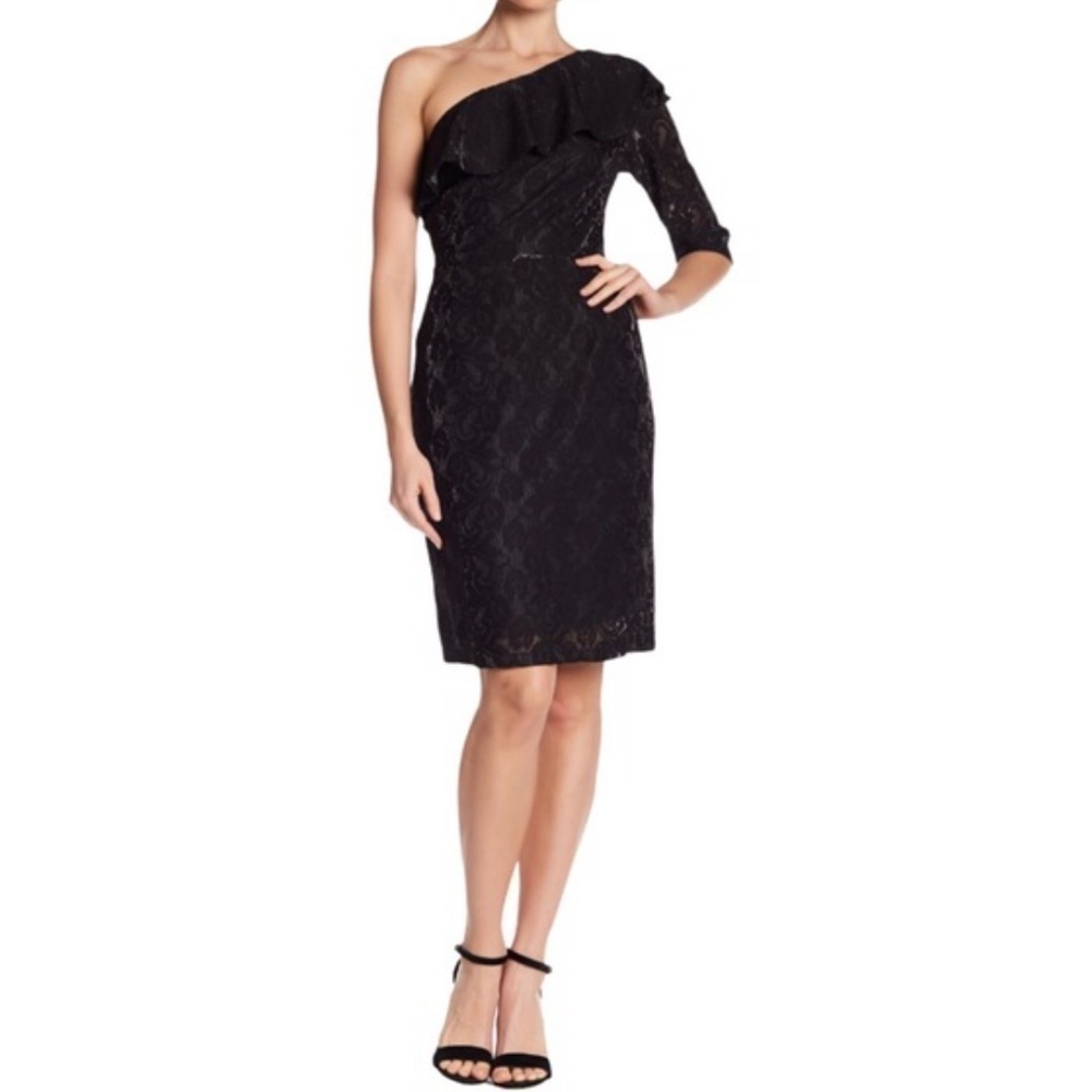 New! Superfoxx One Shoulder Cocktail Lace Ruffled Formal Black Dress